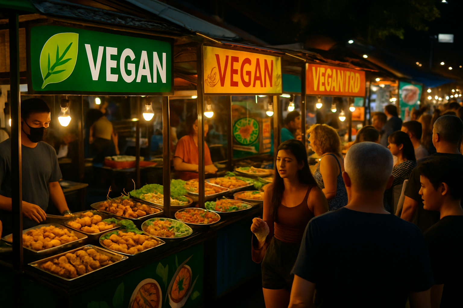 Vibrant vegan night market bustling with colorful street food stalls in Chiang Mai