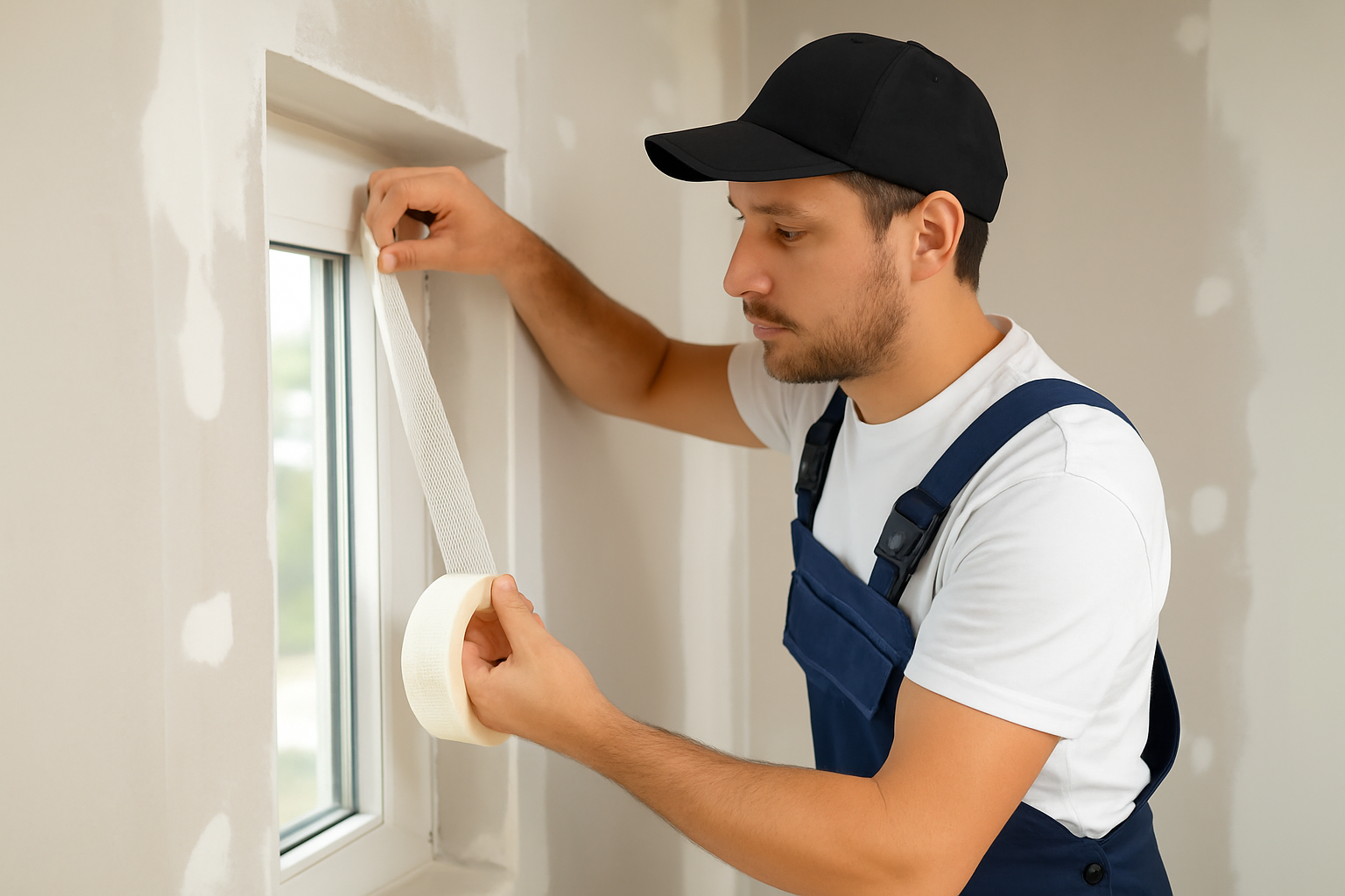 Drywall taping around window frames requiring precision and adherence to proper taping order.