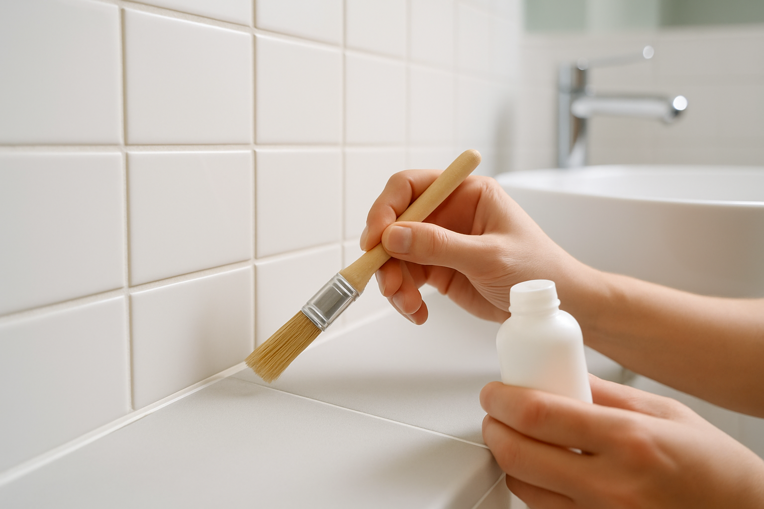 Applying grout sealer carefully to tile grout lines to protect against stains and moisture.