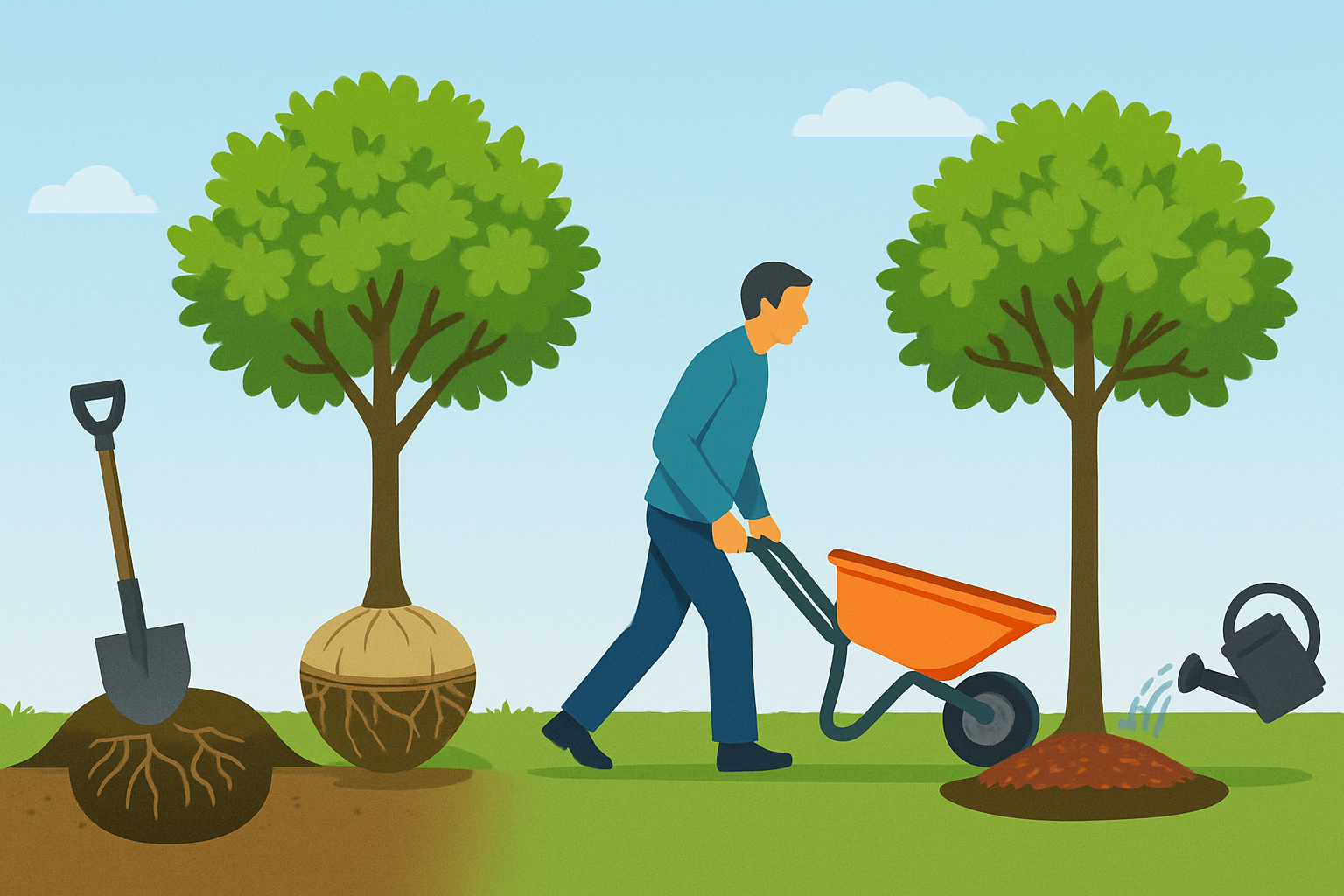 Visual guide showing the key stages in transplanting a maple tree to ensure proper technique.