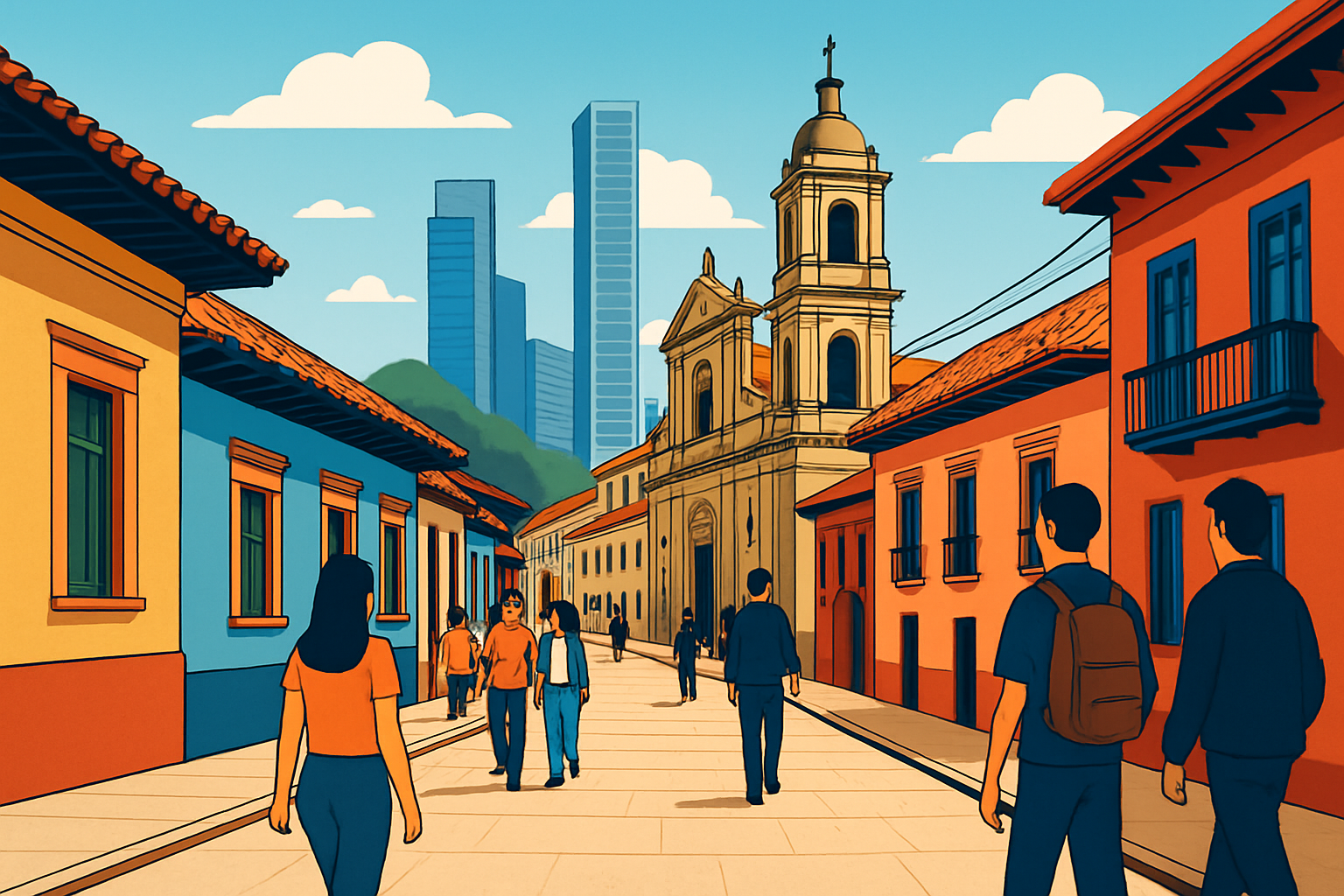 Street in Bogotá showcasing the architectural contrast between colonial heritage and modern urban design.