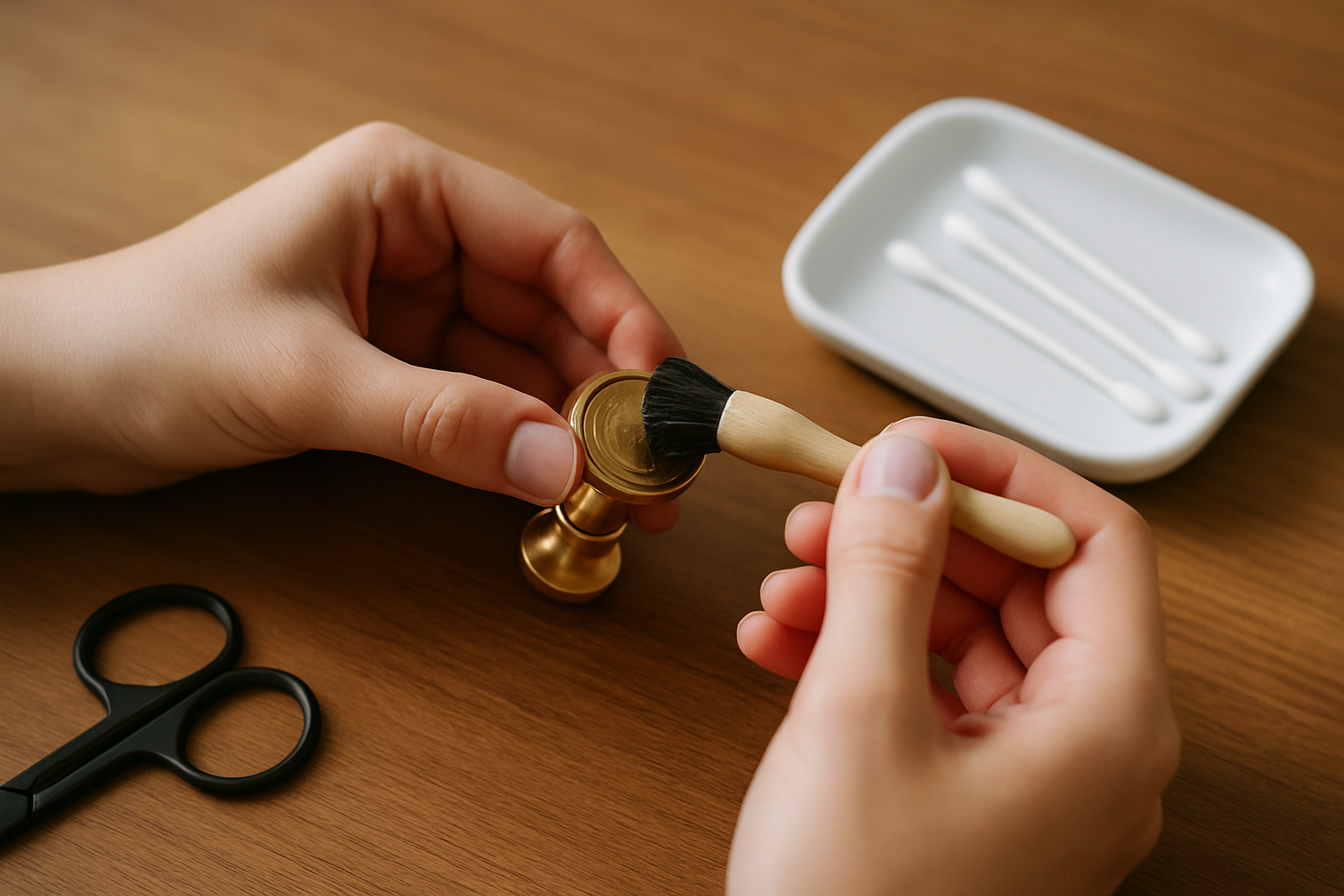 Gently cleaning a brass metal seal stamp with a soft brush and cotton swabs