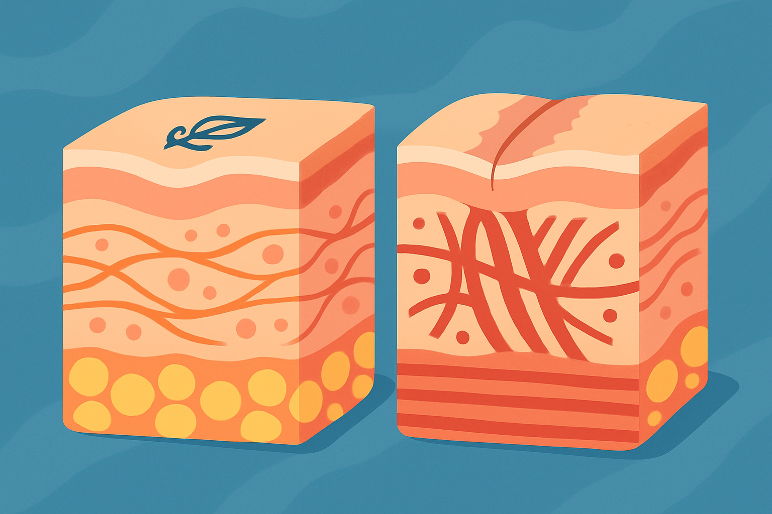 Comparison between normal skin and scar tissue highlighting differences in collagen structure affecting tattoo ink retention.