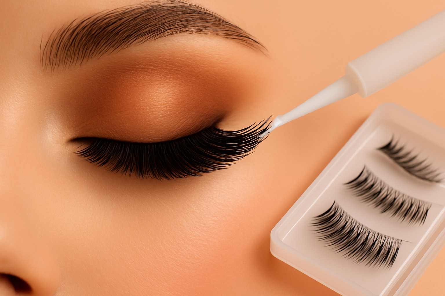 A detailed close-up of eyelash strips being applied, highlighting adhesive use and proper placement along the natural lash line alongside a clean storage case.
