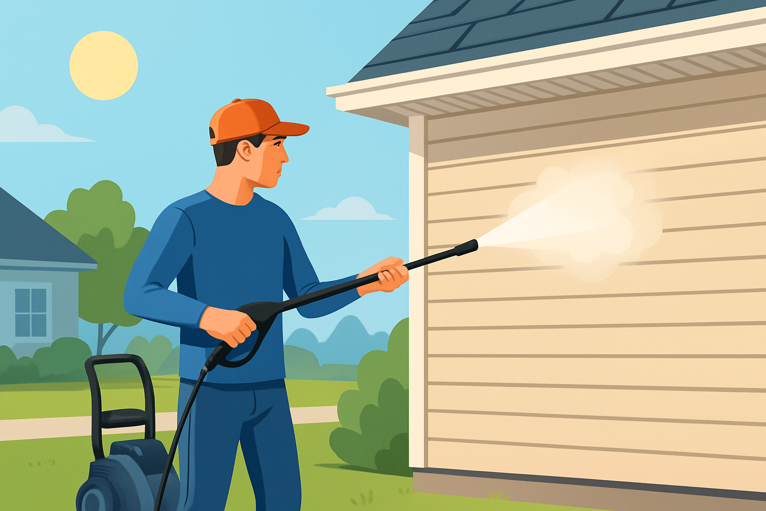 A homeowner safely power washing a house exterior with the correct equipment and technique.