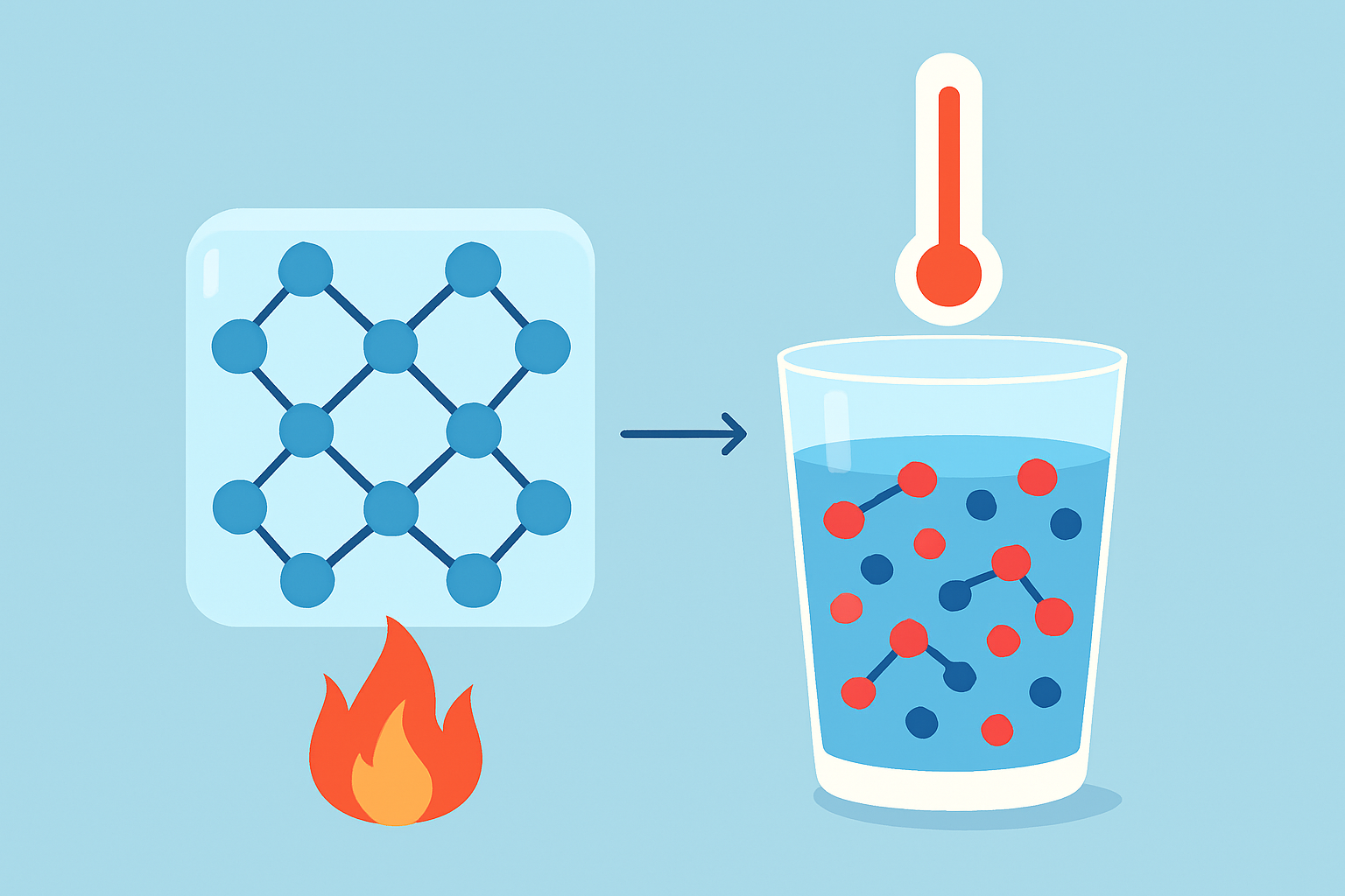 Molecular view of ice melting into water, demonstrating increased molecular vibrations with heat