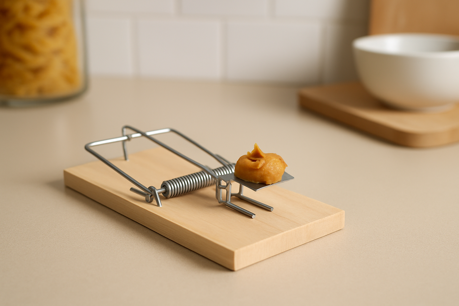 A wooden snap trap baited with peanut butter positioned near a kitchen baseboard, demonstrating effective trap setup.
