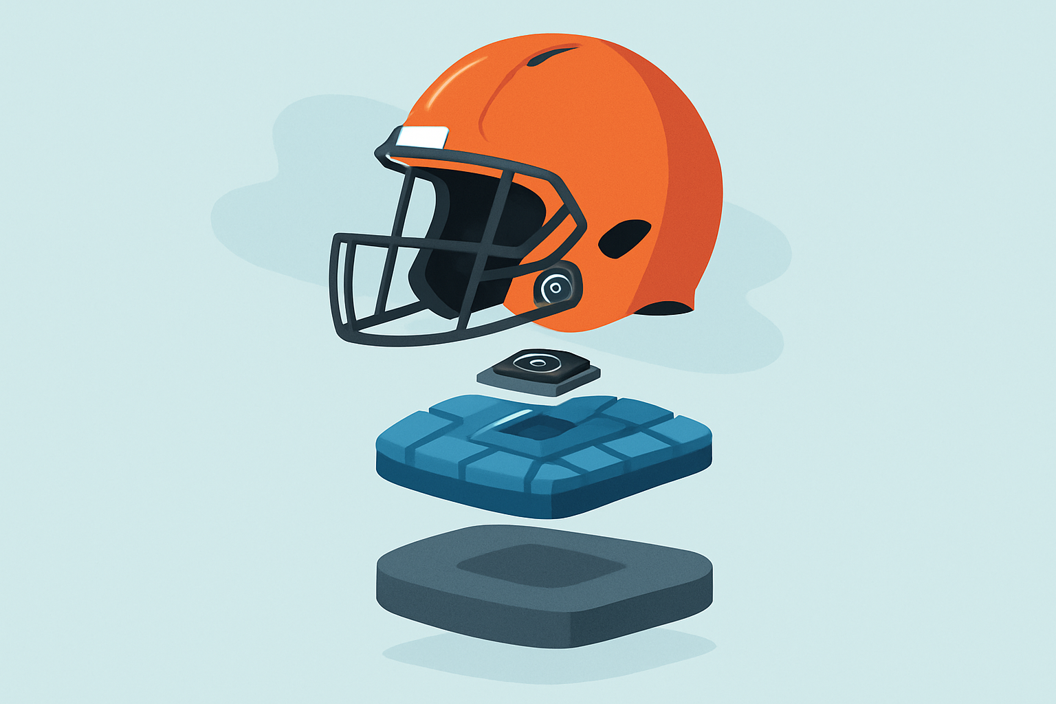 Cross-sectional view of a modern football helmet illustrating layers of shell, padding, face mask, and embedded impact sensors