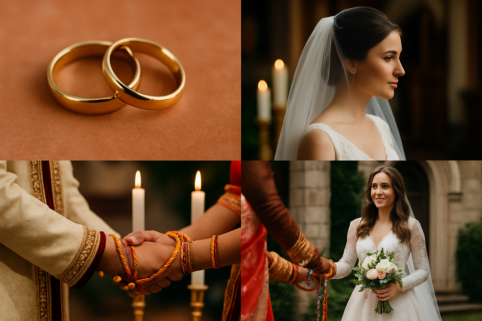 Collage depicting ancient wedding symbols in various cultural wedding ceremonies.