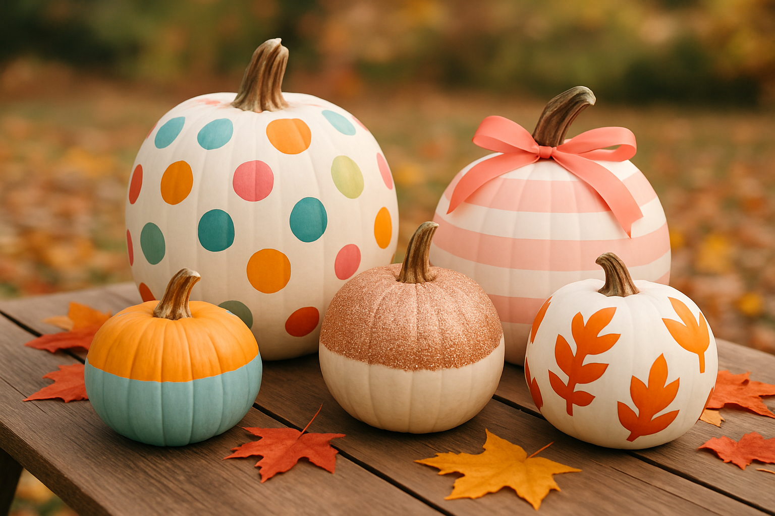 A showcase of pumpkins decorated with varied simple techniques like painting, decals, ribbons, and glitter creating a festive fall display.