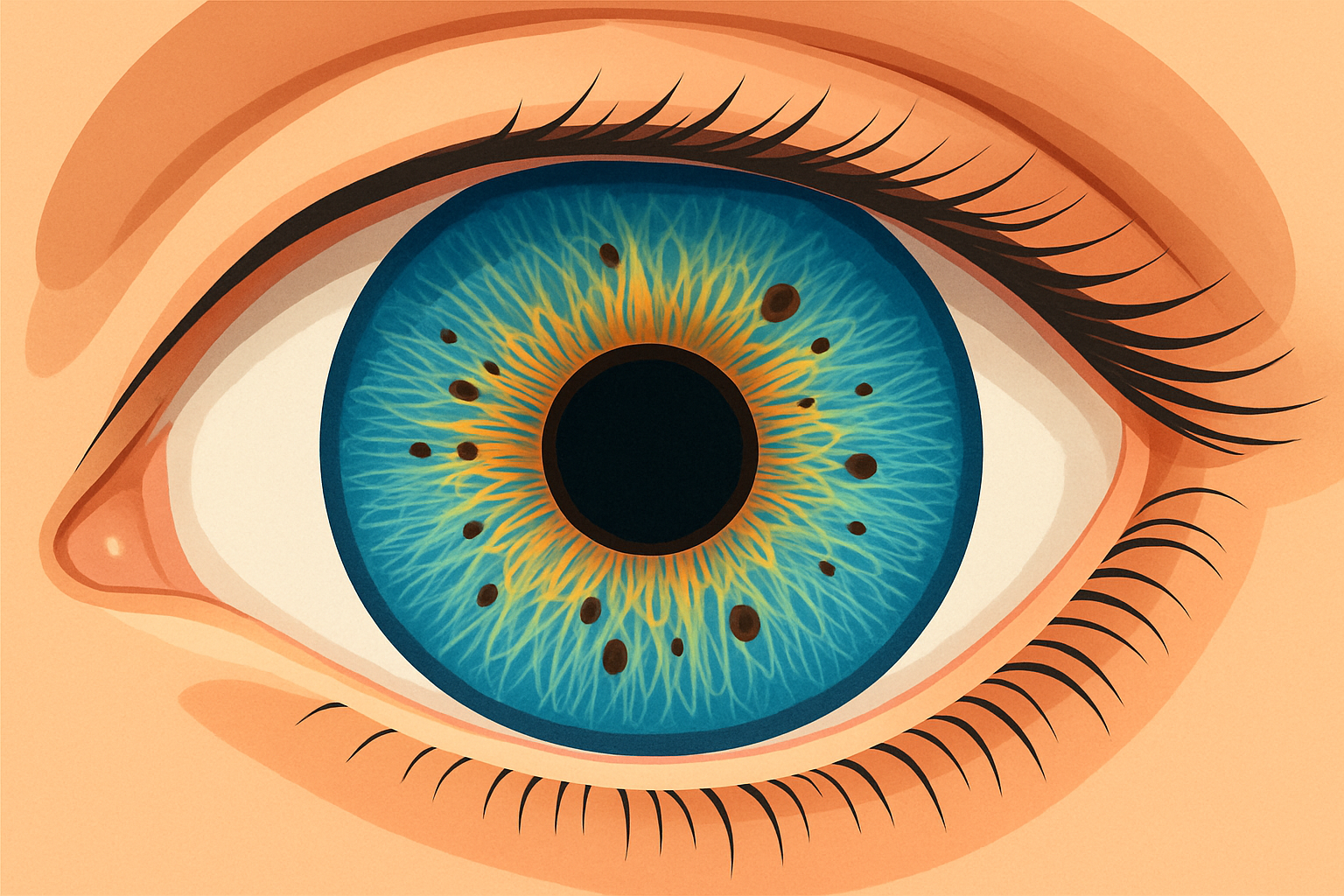 Detailed close-up of a human iris showcasing different patterns like crypts, furrows, and pigment spots.