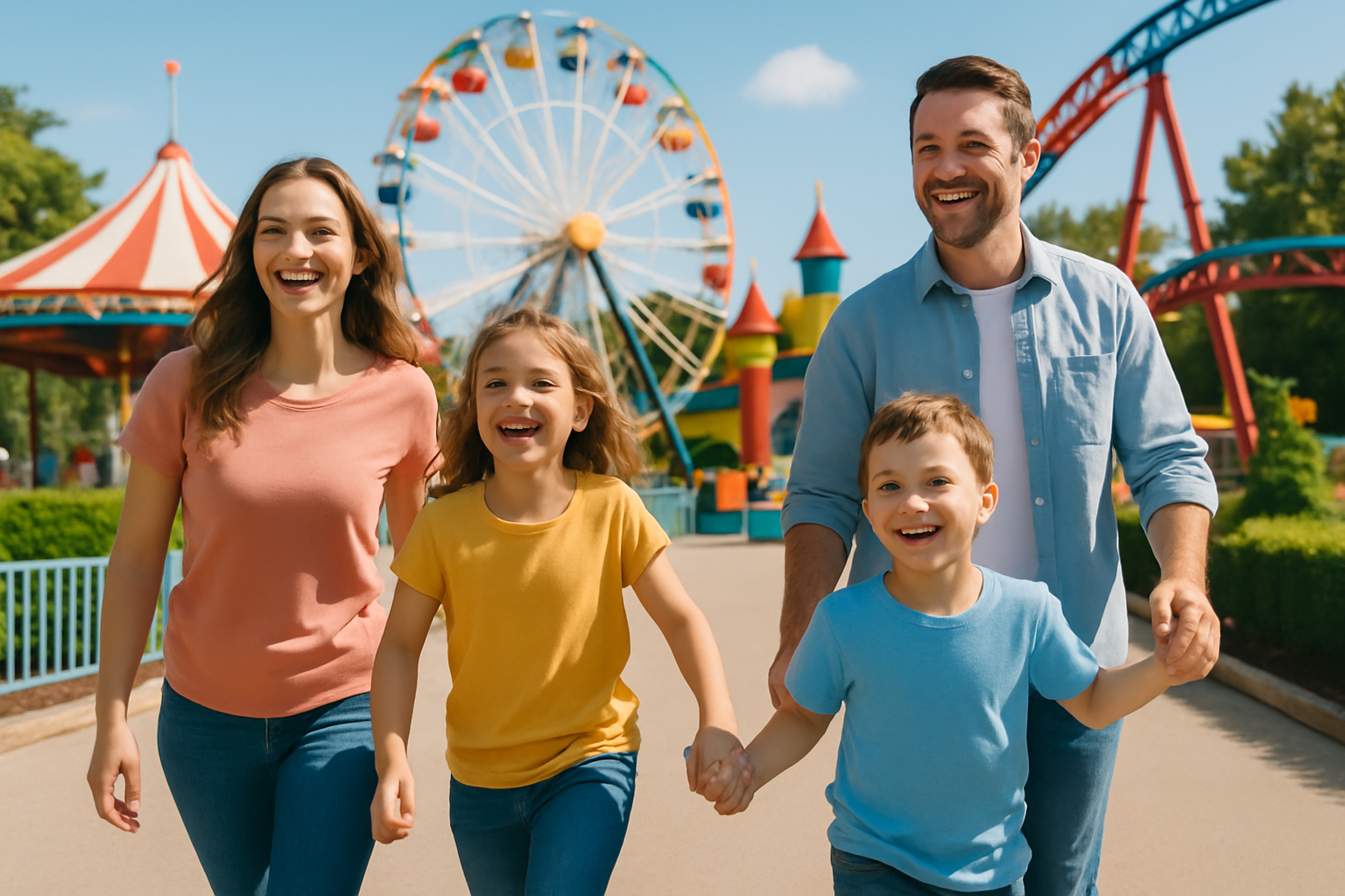 Family enjoying a vibrant kid-friendly amusement park filled with colorful rides and joyful children.
