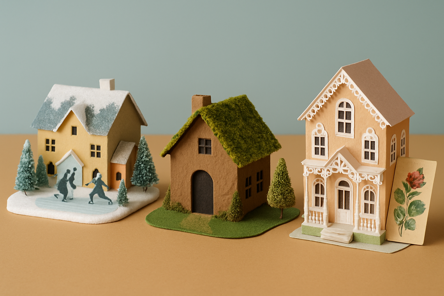 Examples of creatively customized putz houses with various holiday themes and personal touches