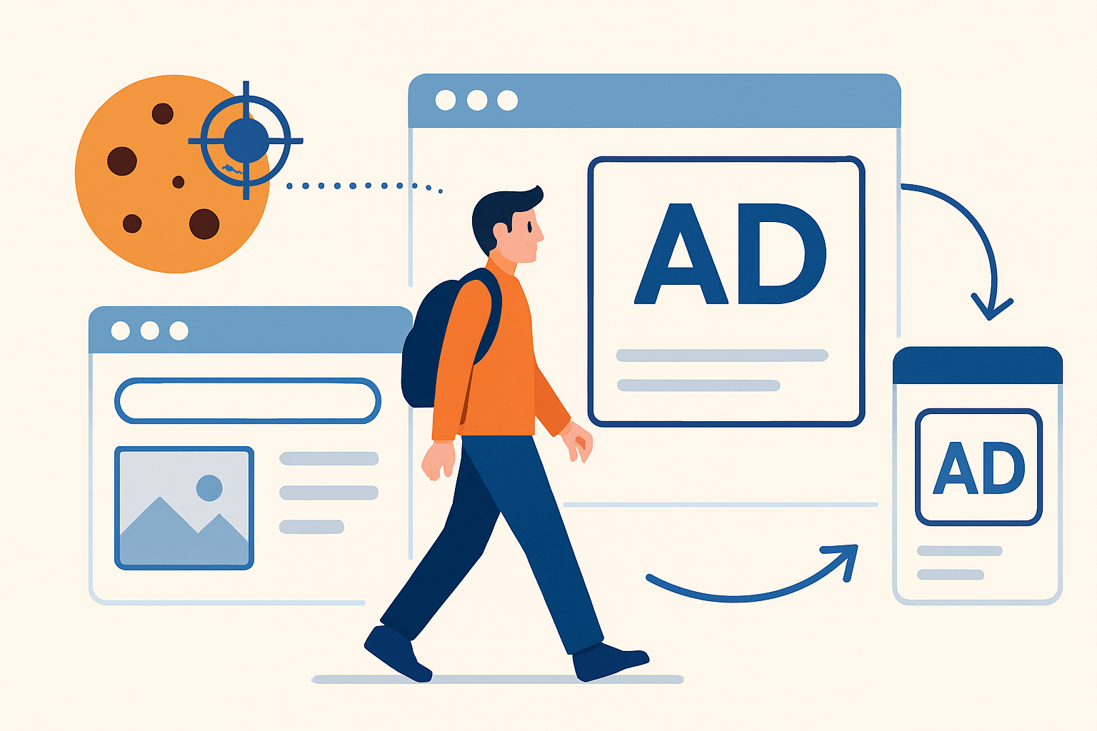 Diagram illustrating how cookies and tracking technologies enable ads to follow users across websites.