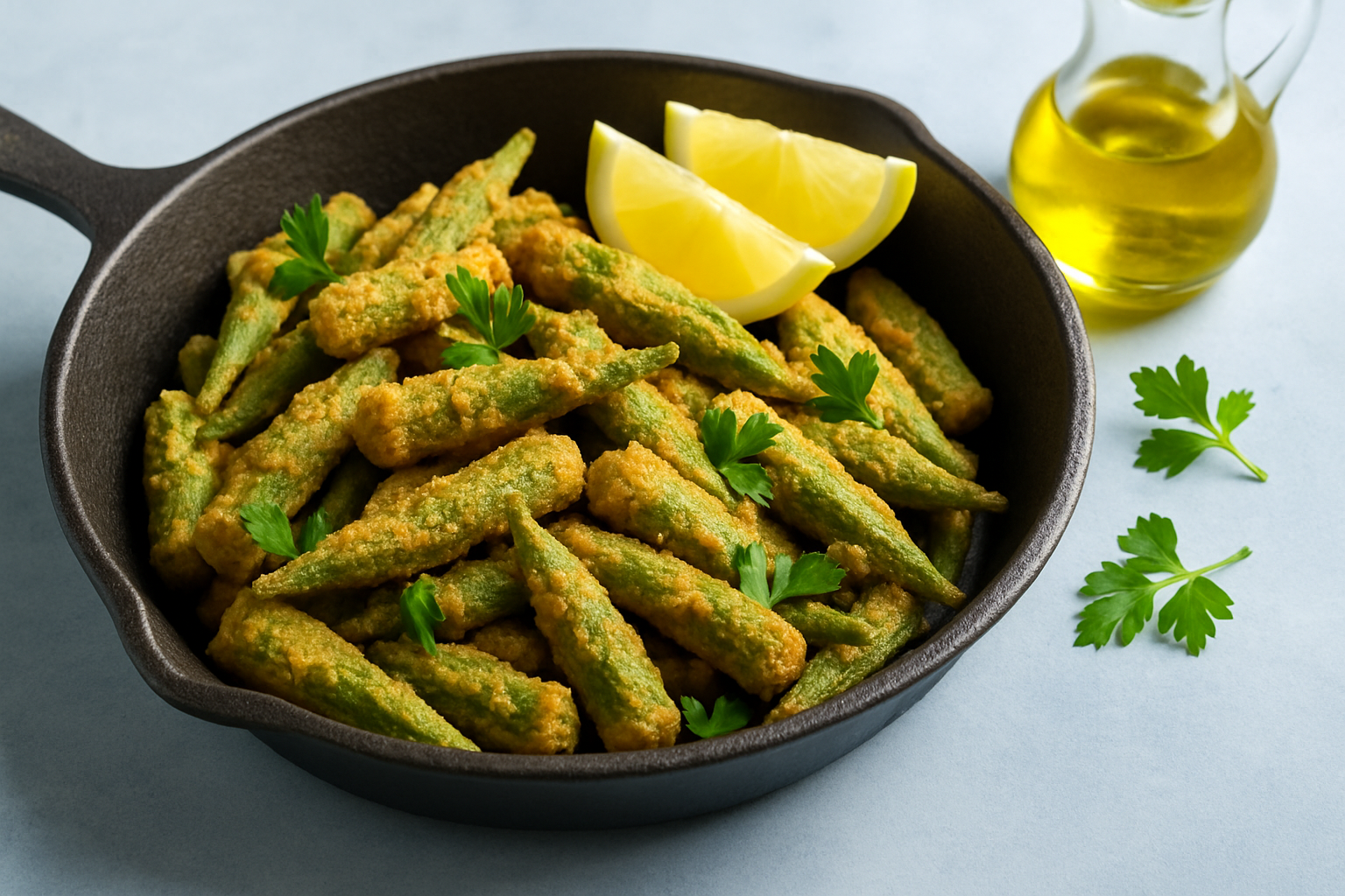 Crispy fried okra cooked in olive oil showing a perfectly golden texture and appetizing presentation.
