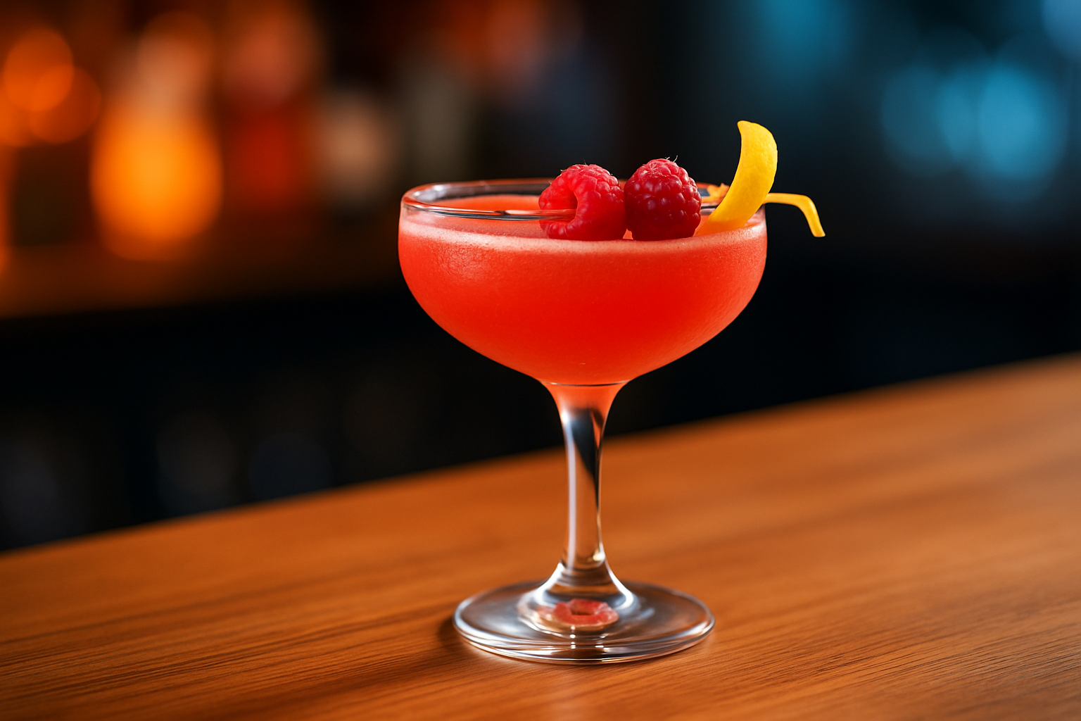 A beautifully presented Kiss My Lips drink garnished with fresh raspberries and lemon twist, showcasing its rich pink color.