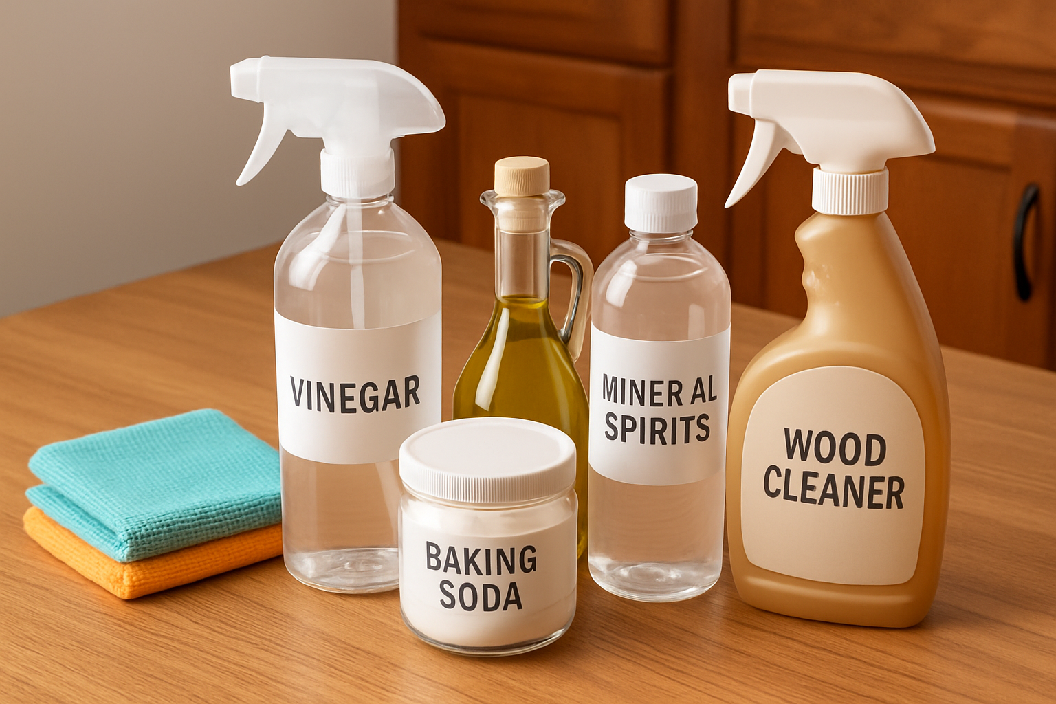 Essential cleaning tools and materials laid out for stain removal from cabinets.