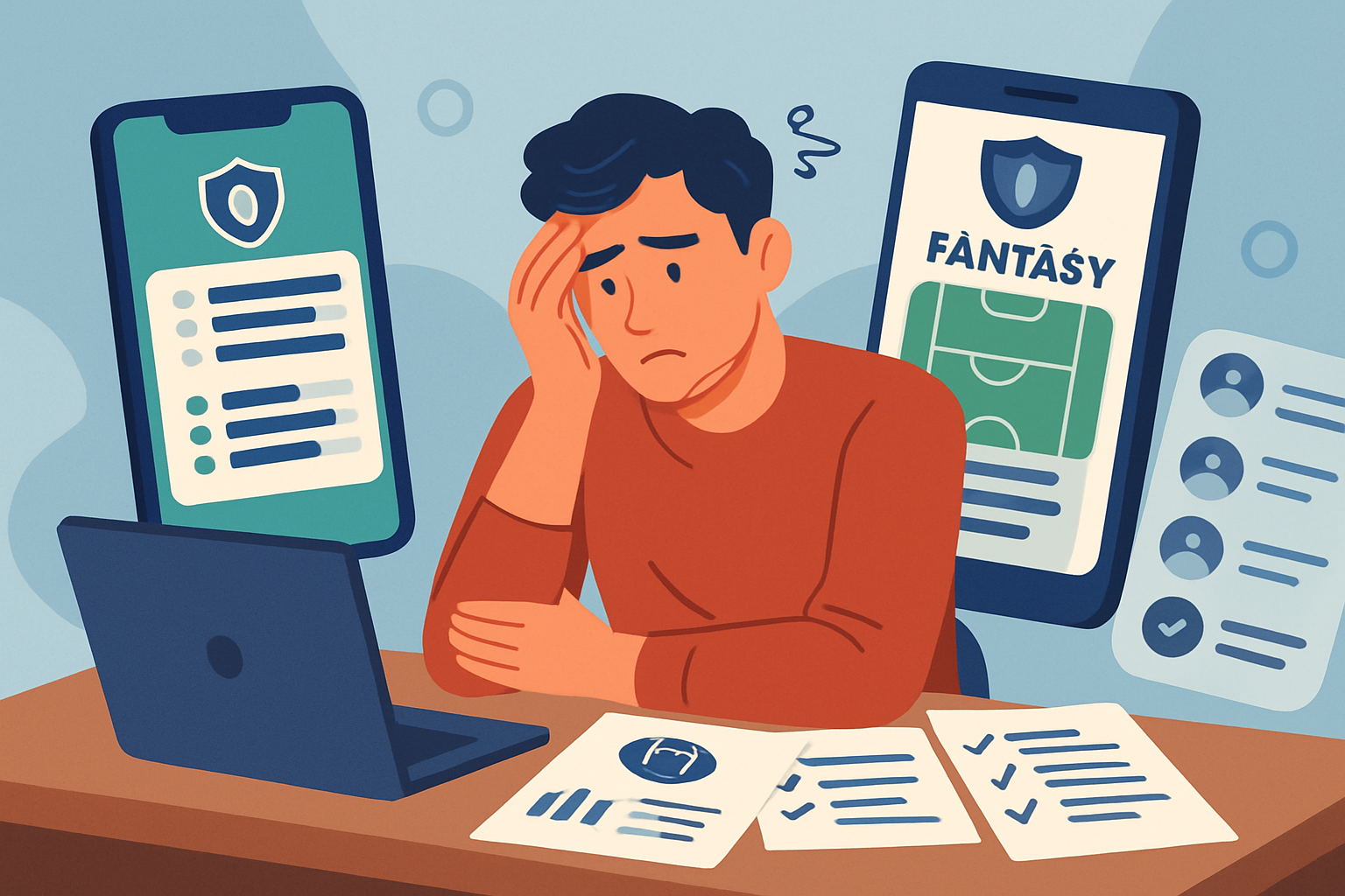 A fantasy football player looking overwhelmed by managing multiple teams and stats on devices.