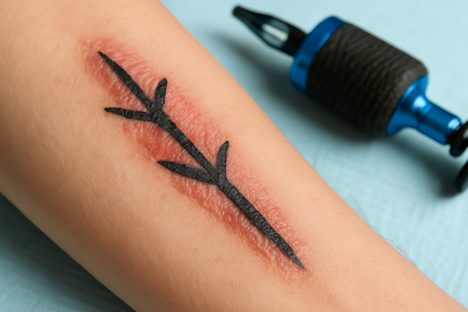 A close-up image of a tattoo being applied over scar tissue, illustrating tattoo ink on uneven skin texture.