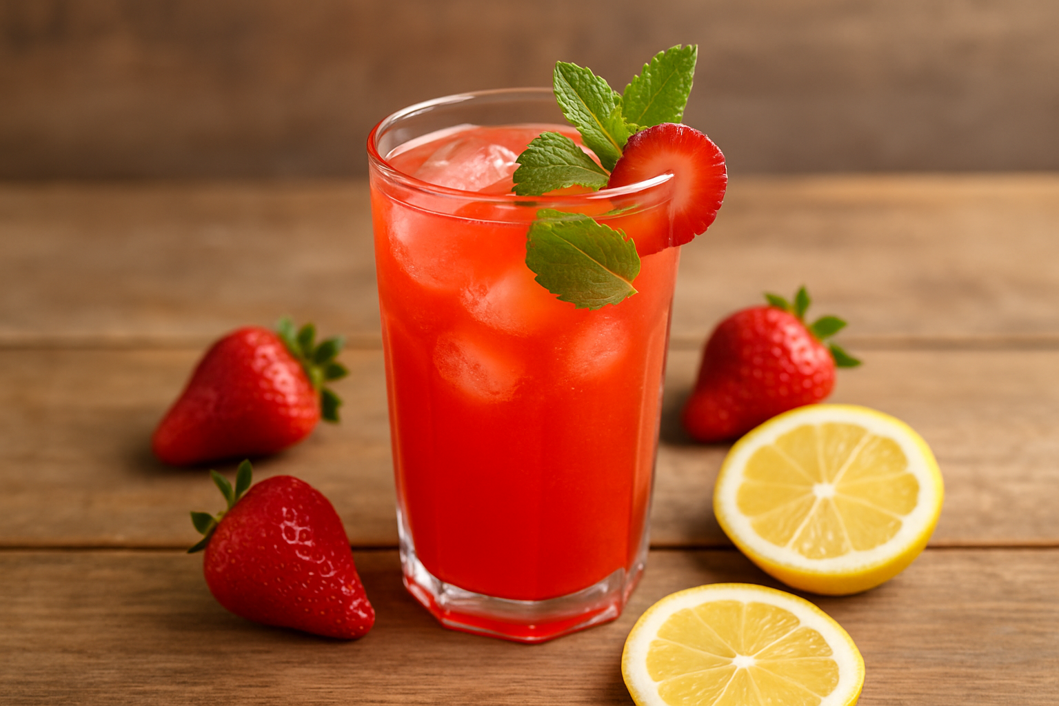 A freshly prepared strawberry refresher garnished and ready to enjoy.