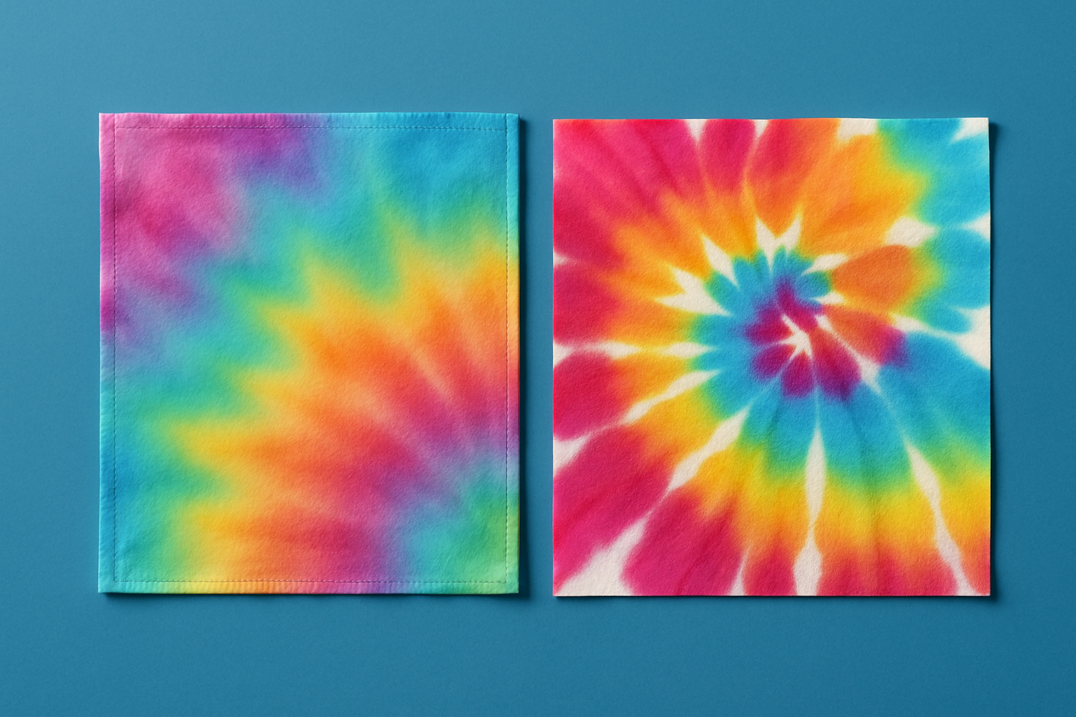 Visual comparison of tie dye on dry fabric exhibiting sharp, defined patterns versus wet fabric showing soft, blended coloration.