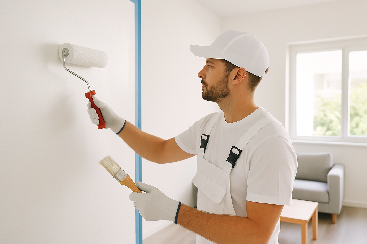 Painter demonstrating precise techniques for applying white neutral paint to interior walls.