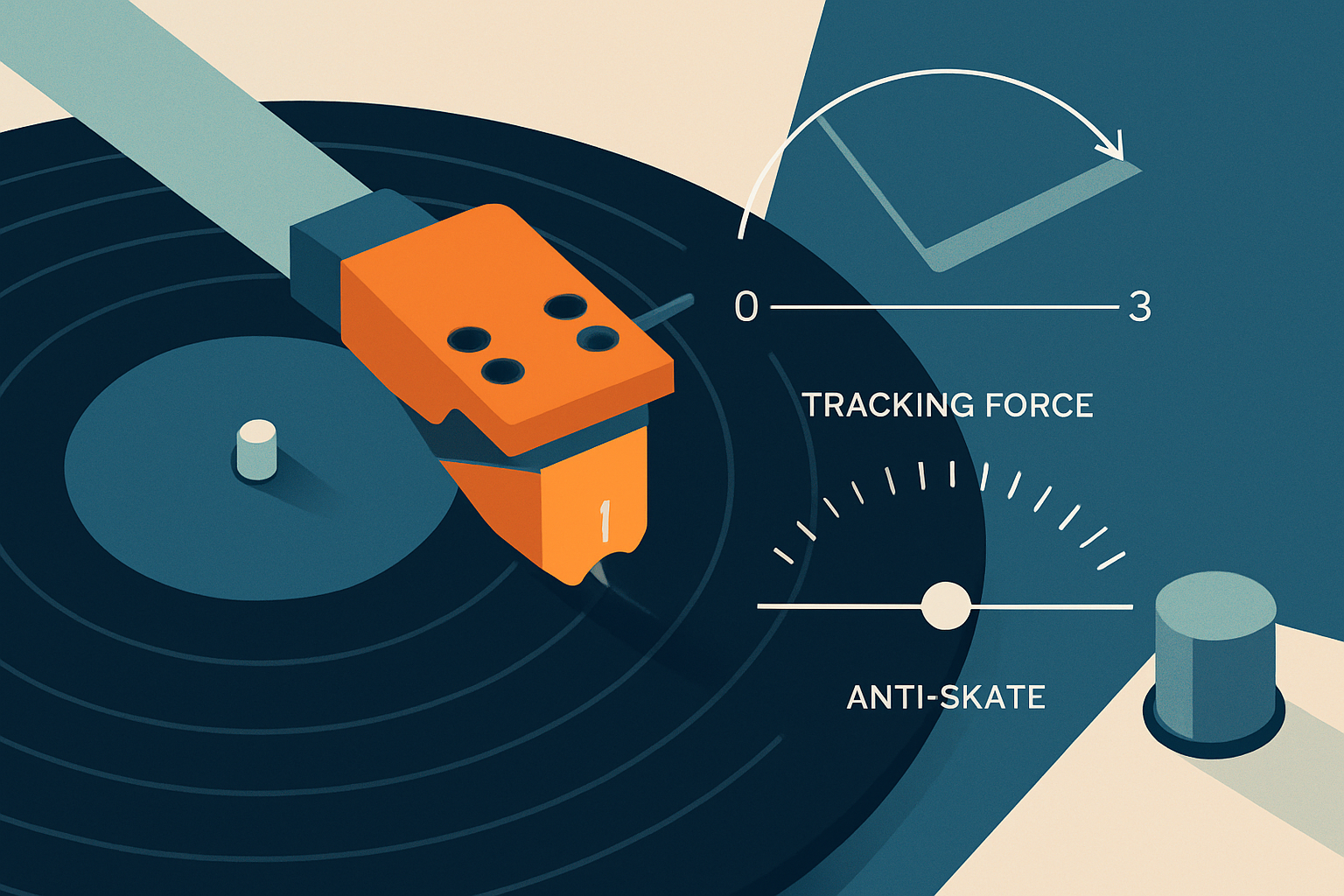 Visual guide illustrating stylus alignment and recommended tracking force settings