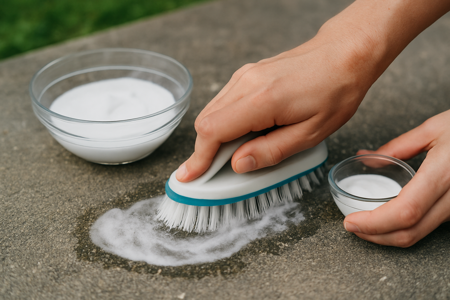 Using a baking soda paste and nylon brush to remove deck stain from concrete.