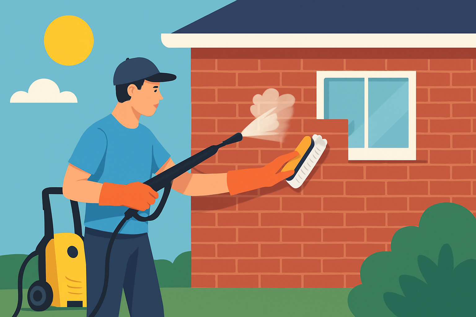 Preparing a brick wall for painting by cleaning dirt and grime with a pressure washer and scrubbing brush.