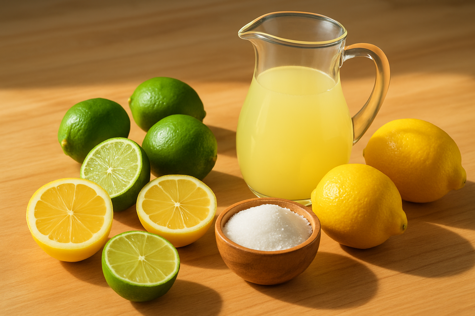 Fresh lemons, limes, sugar, and a pitcher of homemade sweet and sour mix ready to use in cocktails