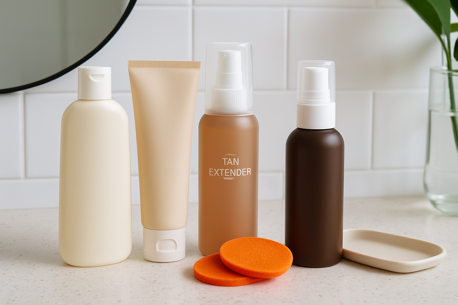 A collection of recommended products for extending the life of a spray tan, including moisturizers, cleansers, and tan extenders.