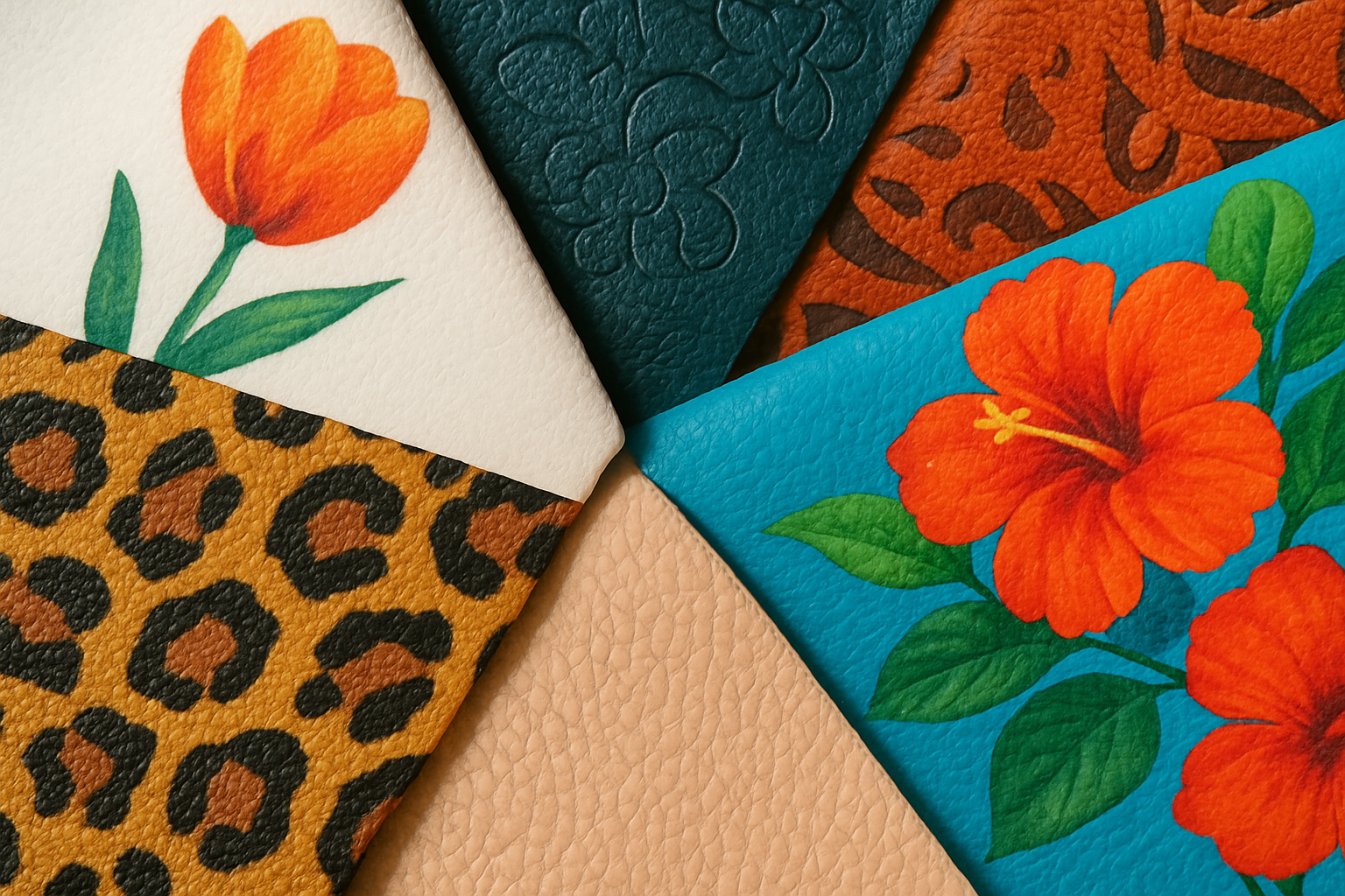 Samples of printed artificial leather showcasing diverse printing techniques and popular patterns