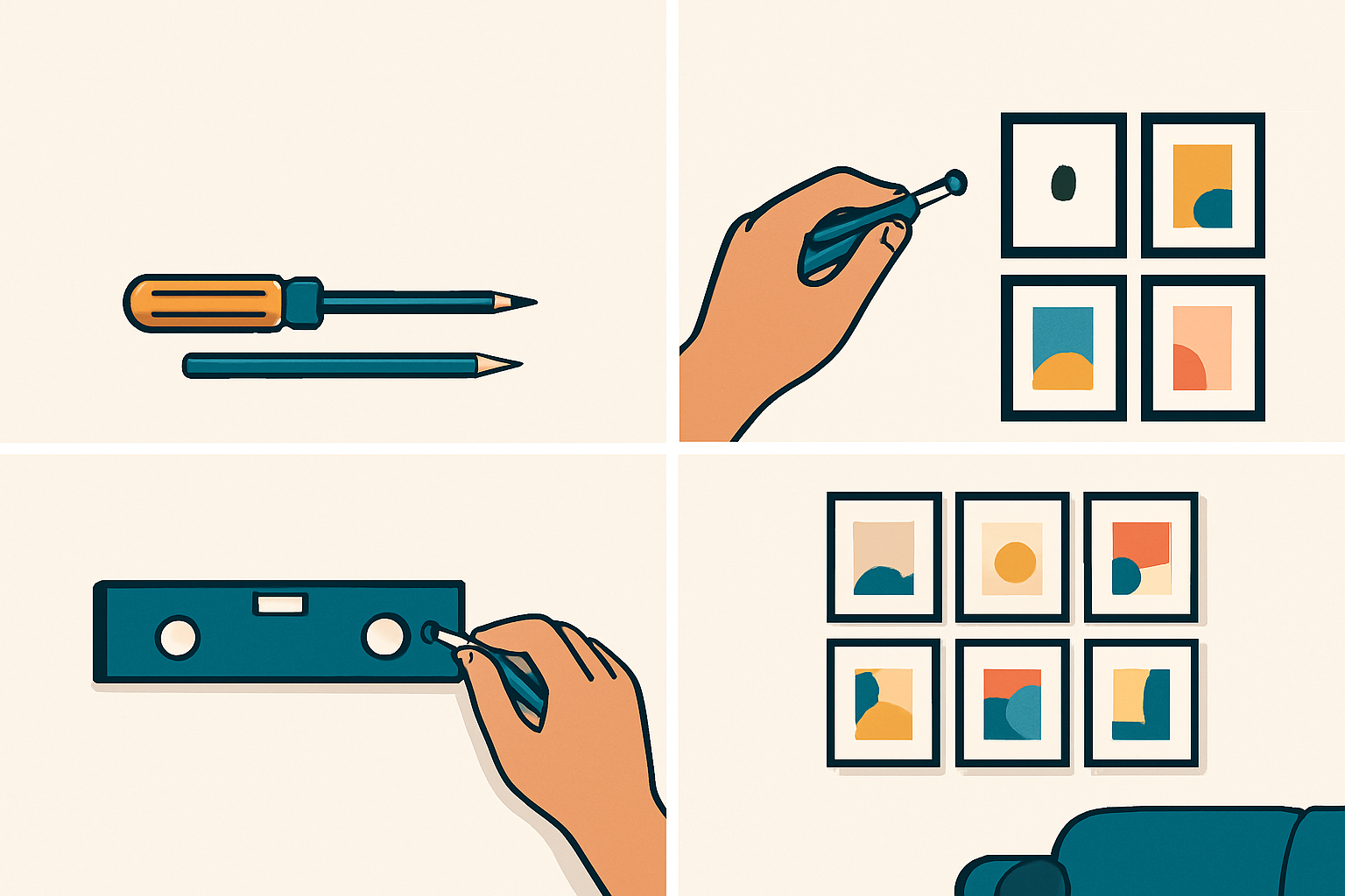 Illustration showing the detailed steps of positioning, marking, drilling, and hanging a gallery wall grid evenly and securely on a wall.