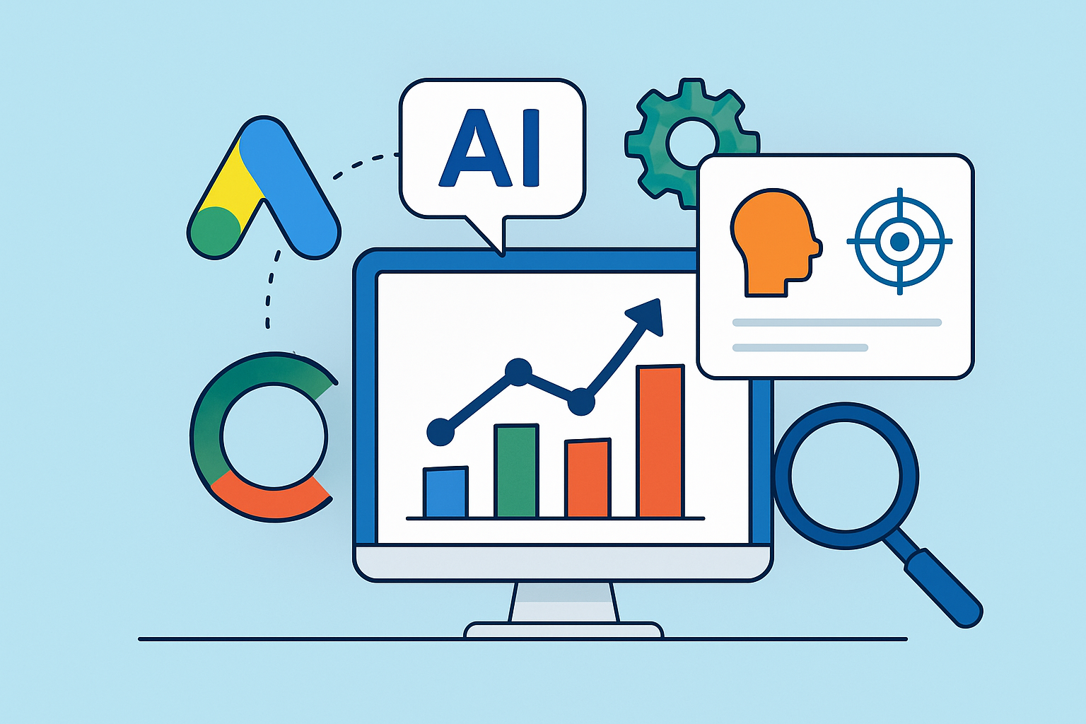 Visualization of AI-powered features within Google Ads optimizing ad placements and targeting
