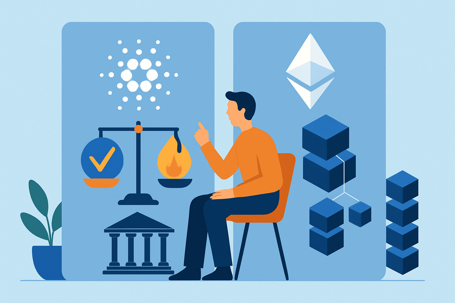 Visual comparison of Cardano and Ethereum showcasing key architectural and functional differences.